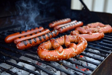 Hot dogs and soft pretzels cook on a big charcoal grill