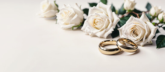 Wedding rings and roses close up on a white marble background. Wedding bands banner, website header, wedding invitation, minimalistic, elegant for wedding photographer, venue. Generative AI.	
