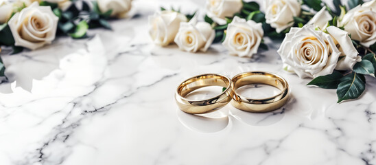 Wedding rings and roses close up on a white marble background. Wedding bands banner, website header, wedding invitation, minimalistic, elegant for wedding photographer, venue. Generative AI.	
