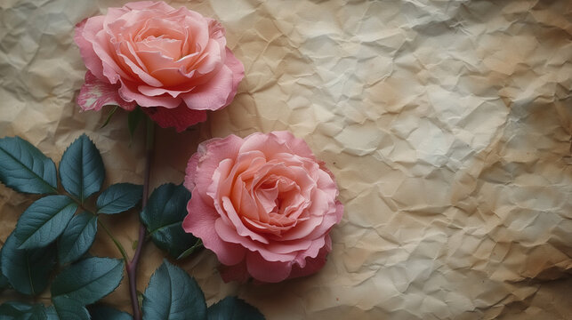 pink roses on old crumpled paper background