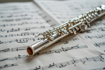 Silver flute resting on complicated sheet music