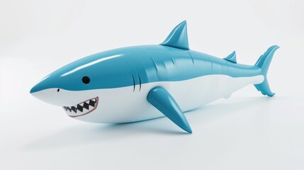 Fototapeta premium A blue and white toy shark with its mouth open. Funny cute inflatable toy on white background.