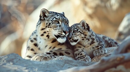 Obraz premium Mother Snow Leopard with Cub