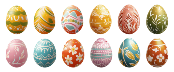 Collection set of colorful Easter eggs isolated on transparent or white background, png