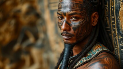 Portrait of a man with traditional facial tattoos, wearing tribal jewelry Concept: Tattoo art, cultural heritage, ethnographic research - obrazy, fototapety, plakaty