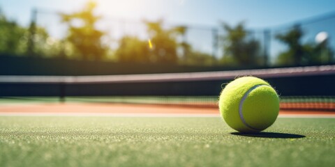 Closeup of a Yellow Ball on Green Court. Sport Equipment for Tennis Game. Outdoor Recreation. Healthy Lifestyle on the Sunny Day