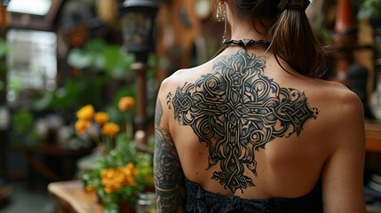 Close-up of a Celtic cross tattoo on a girl's back, detailed with traditional designs, highlighting cultural identity and personal beliefs.
