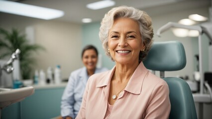 Satisfied senior woman at dentist's office looking at camera.