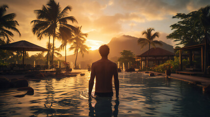 person, handsome man watching the sunset on the beach at a hotel in a tropical resort. Palms against mountains
