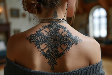 Close-up of a Celtic cross tattoo on a girl's back, detailed with traditional designs, highlighting cultural identity and personal beliefs.
