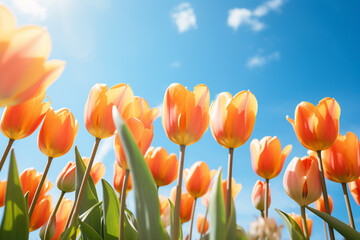Beautiful orange spring tulip flowers in full bloom with blue sky in background