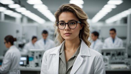 Fototapeta premium Beautiful young woman scientist wearing white coat and glasses in modern Medical Science Laboratory with Team of Specialists on background.