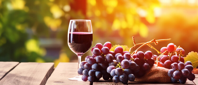 Red wine and fresh grapes on wooden with vineyard background