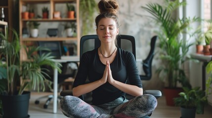 Une femme fait du yoga pour se d&eacute;tendre au travail dans le cadre de la qvt