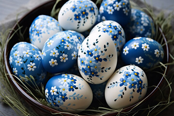 Fototapeta na wymiar Beautiful blue and white Easter eggs painted with flowers