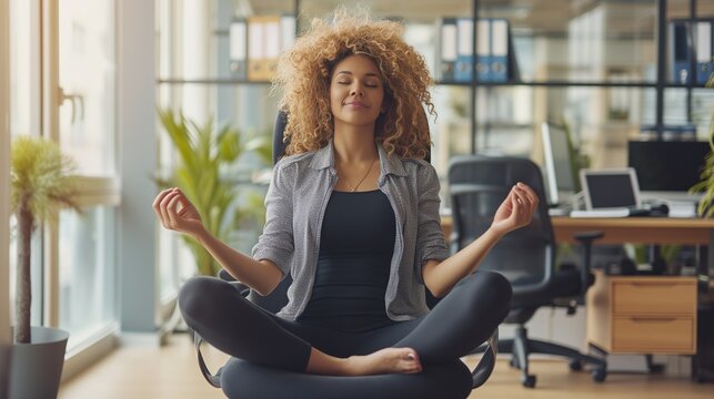 Une femme fait du yoga pour se détendre au travail dans le cadre de la qvt