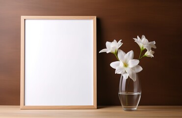 An empty white frame with floral decorations on the side. generative AI