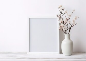 An empty white frame with floral decorations on the side. generative AI