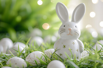 Cute bunny and easter eggs on background.
