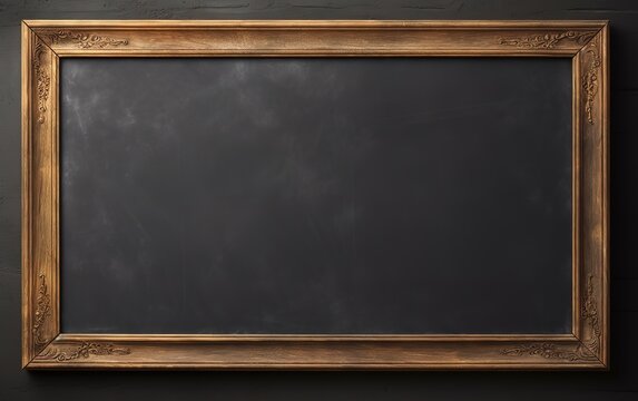 A blank black chalkboard in the photo with a wooden frame beside it. generative AI
