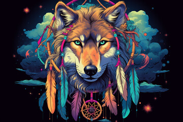 Mystical t-shirt designs depict wolves with dream catchers, feathers, and other elements of Native American symbolism, - obrazy, fototapety, plakaty