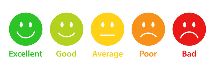 Fototapeta premium Rating emojis set in different colors. Feedback emoticons collection. Excellent, good, average, poor, bad emoji icons. Flat icon set of rating and feedback emojis icons in five different colors.