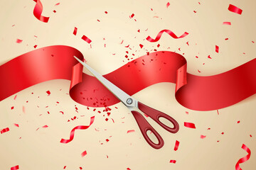 llustration of red grand opening banner about to be cut by scissors - obrazy, fototapety, plakaty