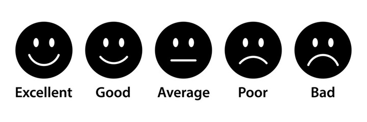 Rating emojis set in black color. Feedback emoticons collection. Excellent, good, average, poor, bad emoji icons. Flat icon set of rating and feedback emoji icons in black color
