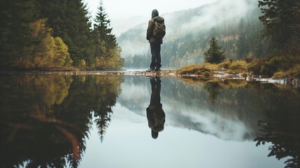 Solo Traveler's Reflection in Calm Lake