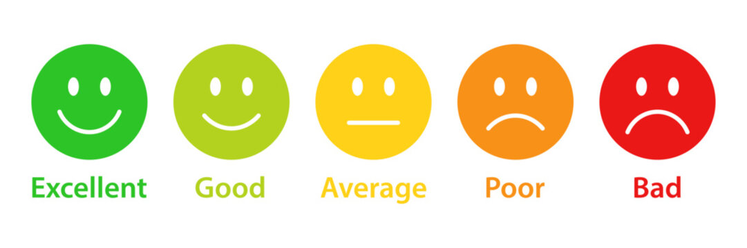 Naklejki Rating emojis set in different colors. Feedback emoticons collection. Excellent, good, average, poor, bad emoji icons. Flat icon set of rating and feedback emojis icons in five different colors.