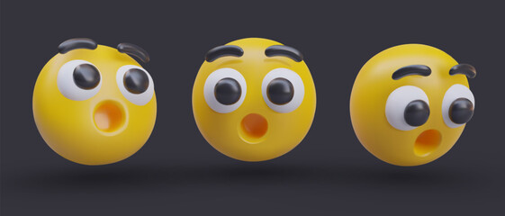 Obraz premium Scared, shocked emoticon with mouth wide open. Alarmed, shocked character. Surprise, OMG. Set of 3D heads on black background. Modern signs and symbols for online communication