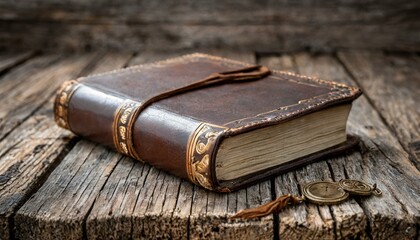 old book on wooden background, An antique leather-bound book rests on a weathered wooden table, bathed in the soft glow  transports viewers to a bygone era of storytelling, book 