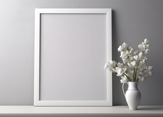 Fototapeta na wymiar An empty white frame with floral decorations on the side. generative AI