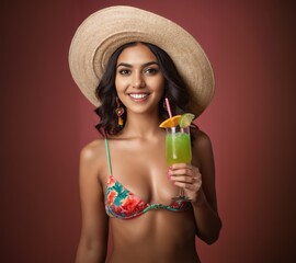 Hot  beauty smiling young Woman model with big breast and thin figure wear tropical flowers bikini