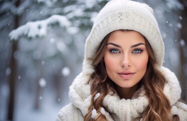 Beauty woman with winter snow forest, winter natural background