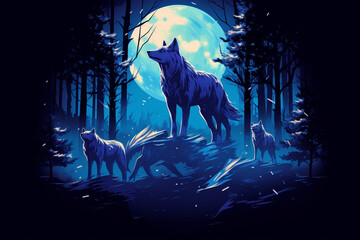 the wolf roars at the full moon in the darkness of the night
