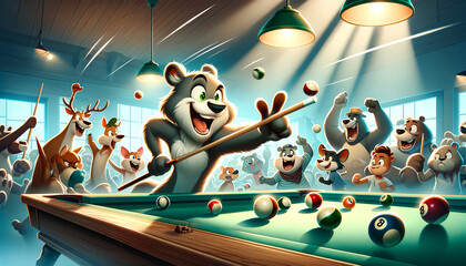 In this vivid image, animated forest animals play billiards, with a grinning bear in focus as they pose in the middle of an excited crowd. Toy animals concept. AI generated.