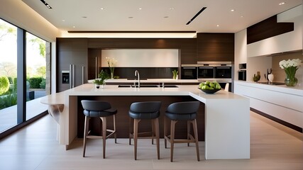 modern kitchen interior with fireplace