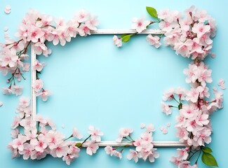 Fototapeta na wymiar A frame decorated with white and pink flowers in the photo on a blue background. generative AI