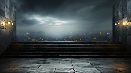 Stairs and black wall on city view - obrazy, fototapety, plakaty