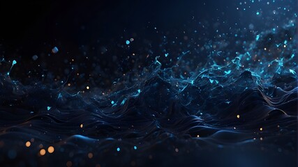 Abstract backdrop with dark blue and luminous particles. 