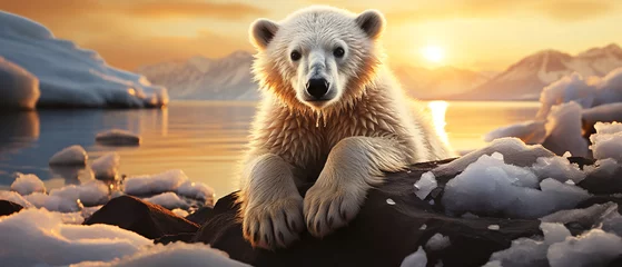 Fotobehang Polar bear in the iceberg with sunset © Inlovehem