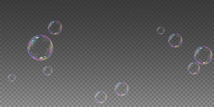 Realistic soap vector bubbles png isolated on transparent background. The effect of falling and flying bubbles. Glass bubble effect.	
