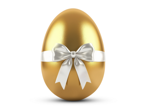 Golden egg with a white ribbon isolated on transparent or white background, png