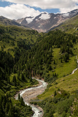 Fototapeta na wymiar River in the mountain valley in the Alps on a summer day