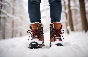 Hiker's boots crunching through fresh snow on a forest trail