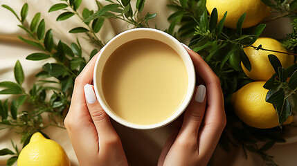 Closeup female hands hold cup of tea with lemon