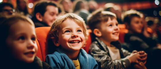 Fototapeta premium Children smile and happy watching movies in the movie theater