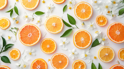 Top view of sliced oranges,  green leaves and white flowers arranged artistically on a light background. 