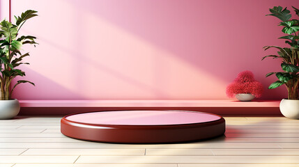 Empty podium with tropical leaf on pink background